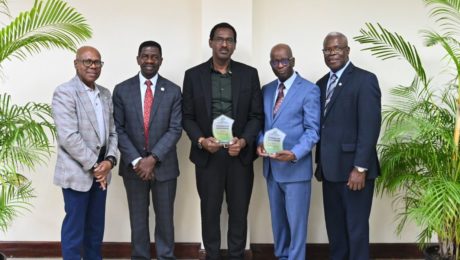 Left: Dr. Len Archer (USC’s Provost), Dr. Colwick Wilson (USC’s President), Dexter Riley (CEO of Unipet), Dr. Leon Wilson (Professor and Chair, Morgan State University, formerly served USC as Provost in 2018), and Ps. Kern Tobias (South Caribbean Conference, President)