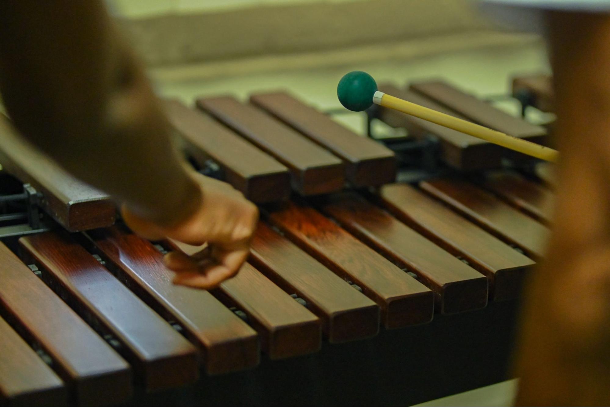 A close-up of a musician's hands holding green mallets and playing a wooden marimba.