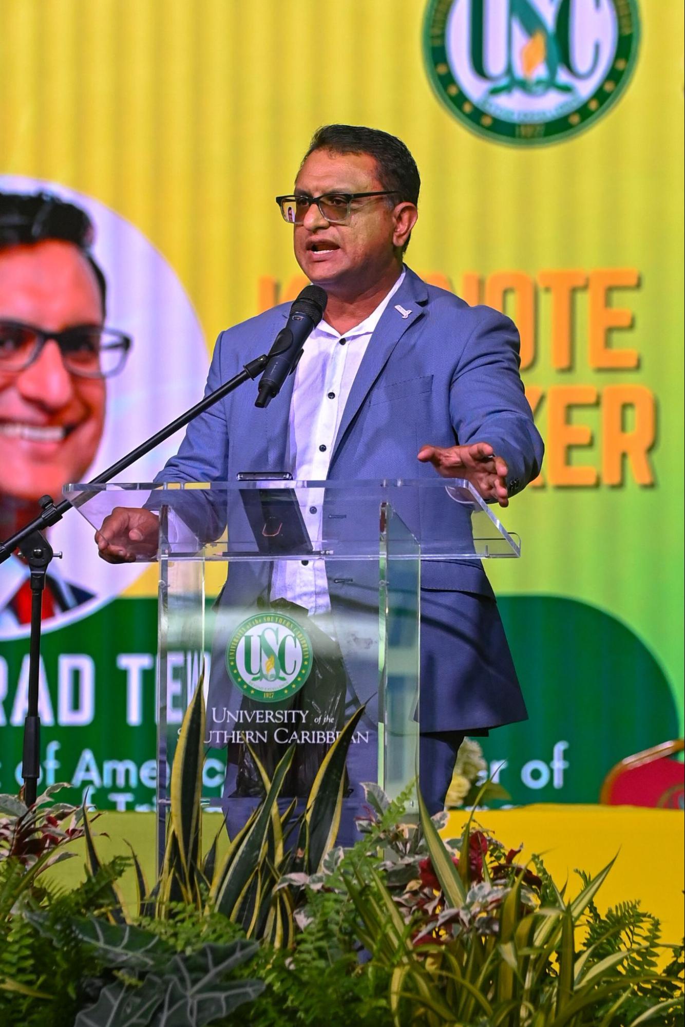 Mr Nirad Tewarie, CEO of the American Chamber of Commerce of Trinidad and Tobago, delivers his keynote address