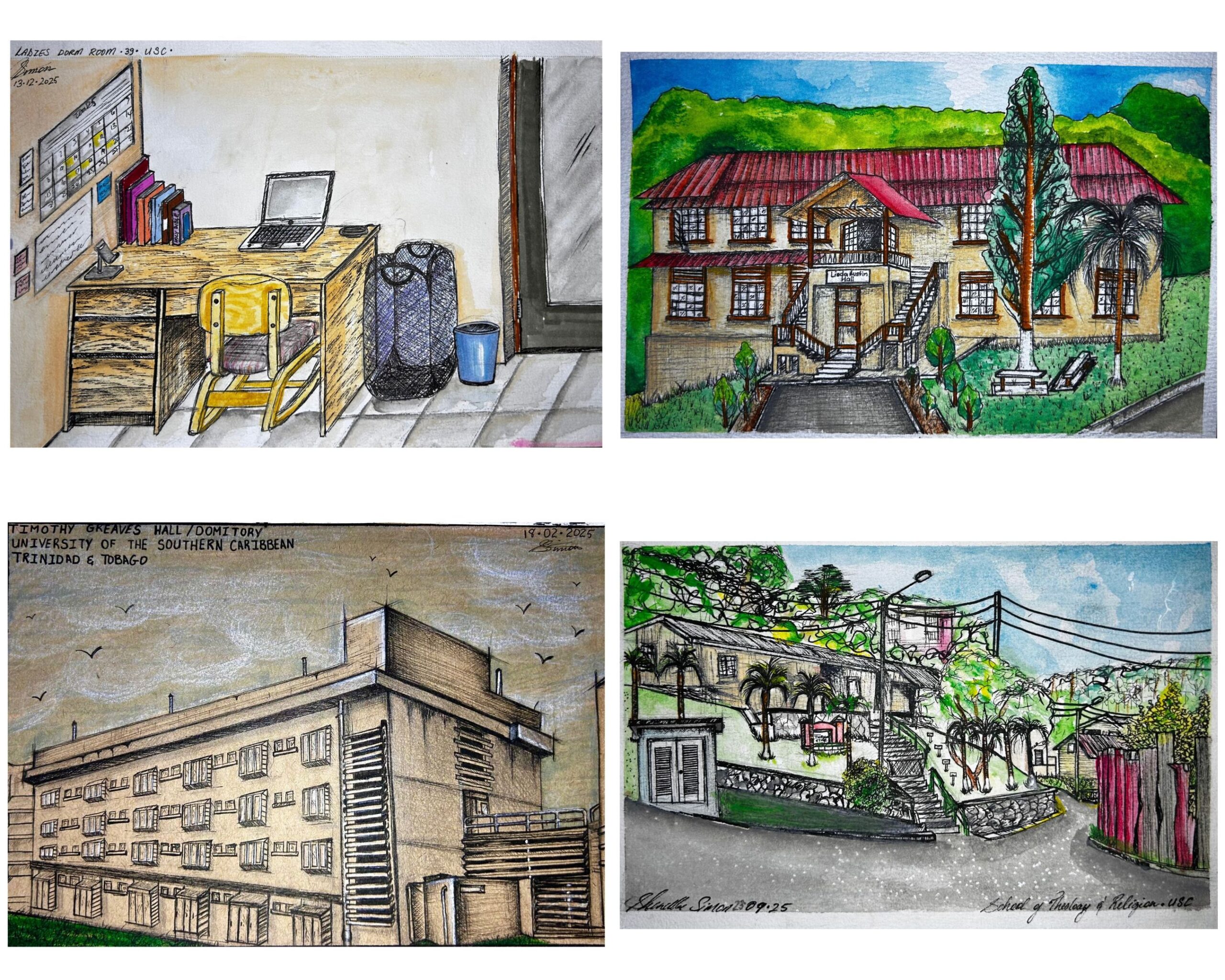 A collection of campus life sketches completed by Shenelle Simon