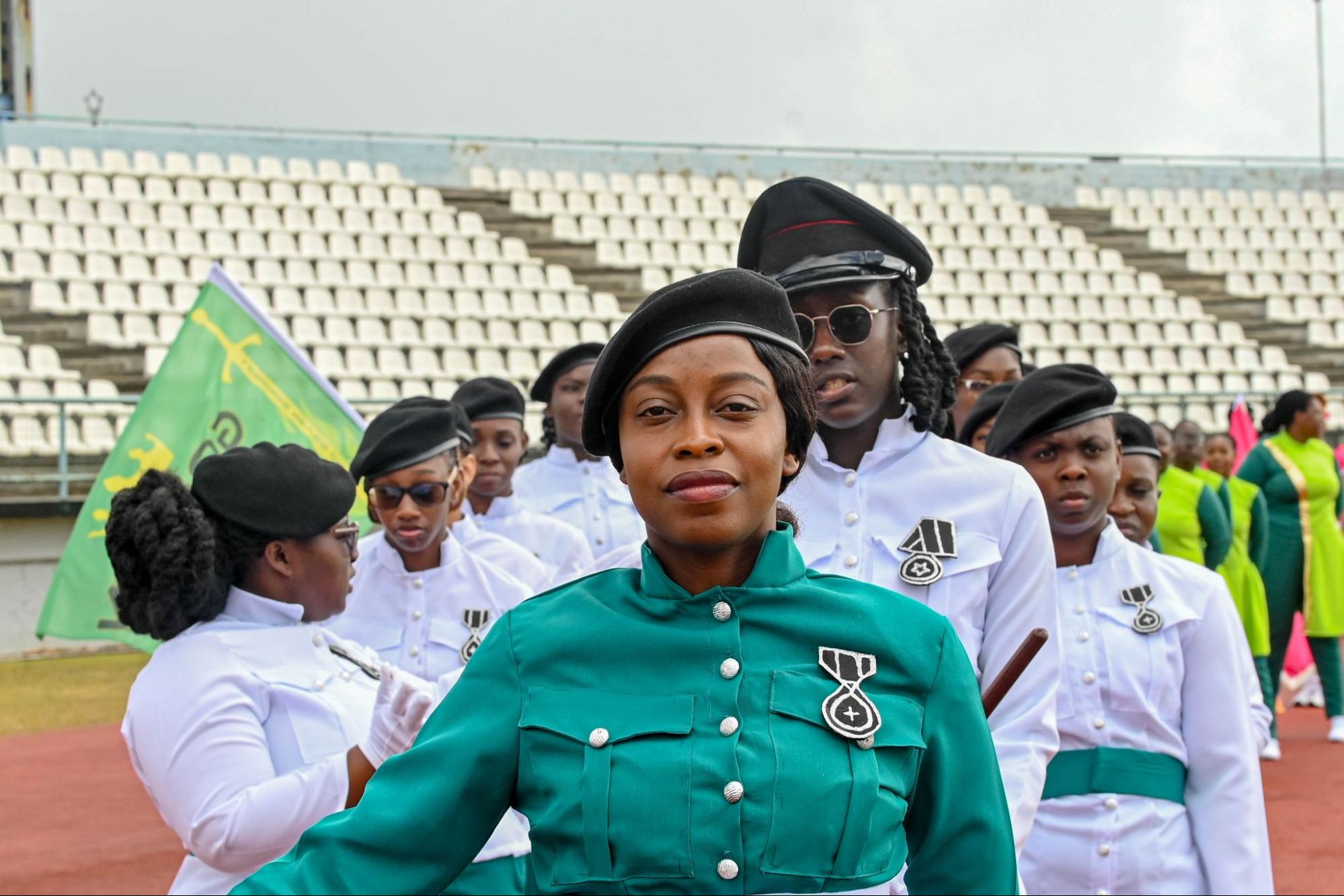 March pass team in green and white uniforms