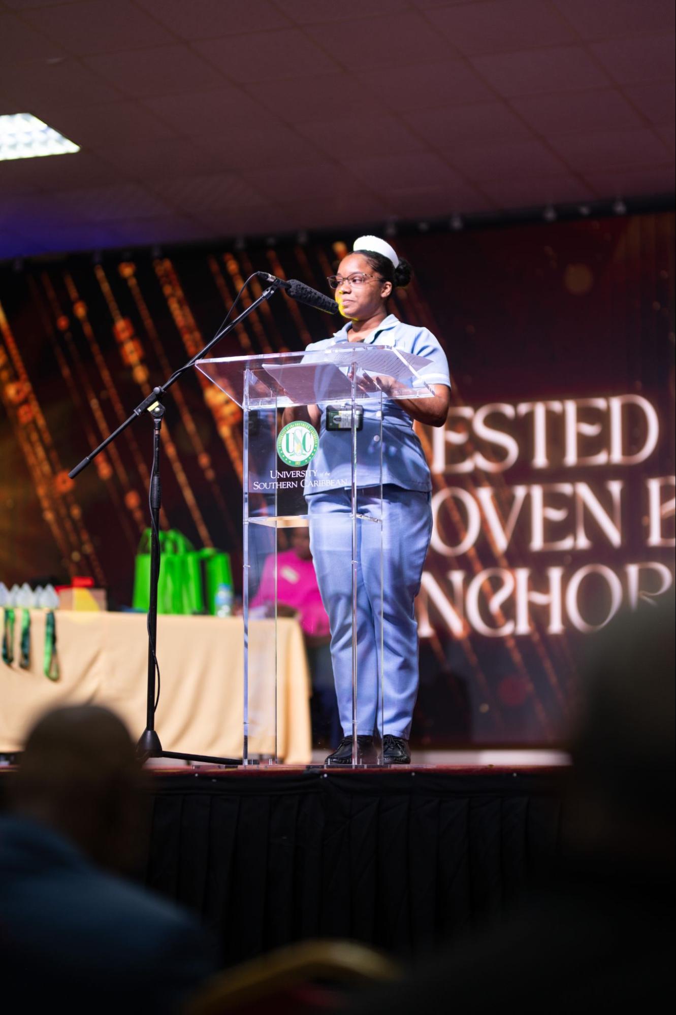 Nursing Valedictorian Azriessa Dabreo delivering valedictory address