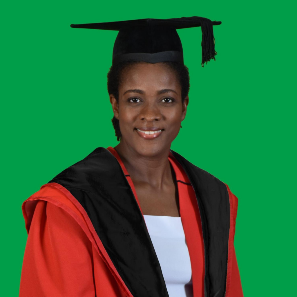 A half-length portrait of Dr Narsha James in her full academic regalia, featuring a black cap and a striking red and black gown, set against a green background.