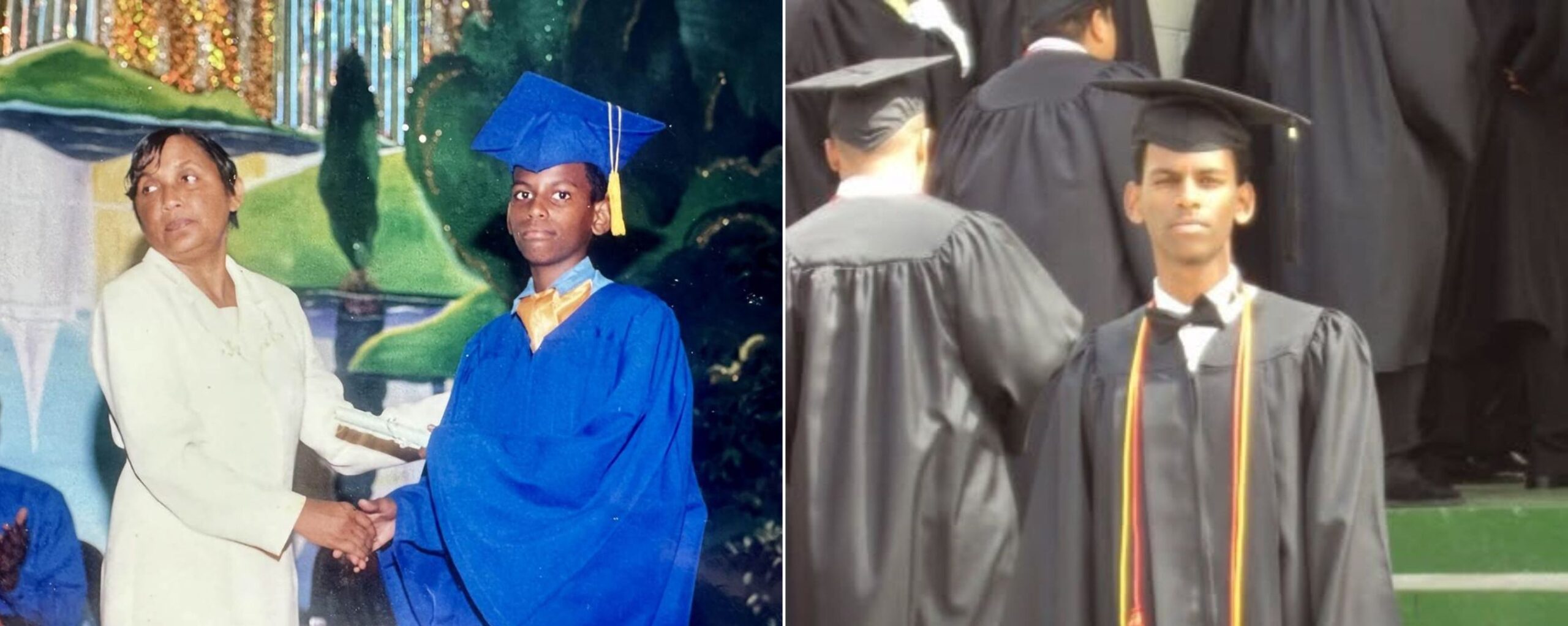 A split photograph showing a younger Jonathan Barran receiving a diploma in a blue cap and gown on the left, and standing in a black graduation gown on the right.