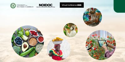 Banner for USC and NOIDOC Virtual Research Conference 2026, featuring images depicting Caribbean culture, global nutrition, and agricultural technology